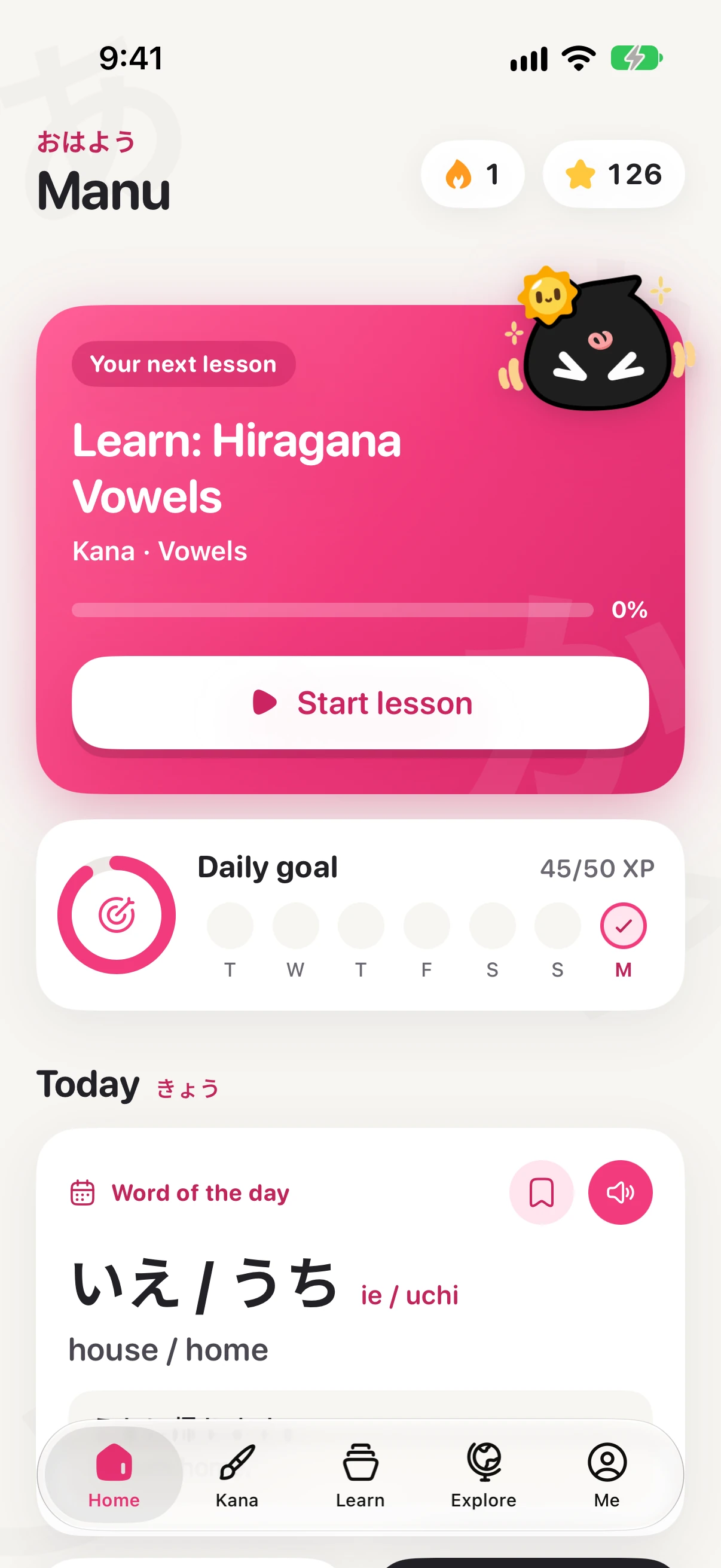 KanaGO! home: your next lesson, today's goal and the word of the day