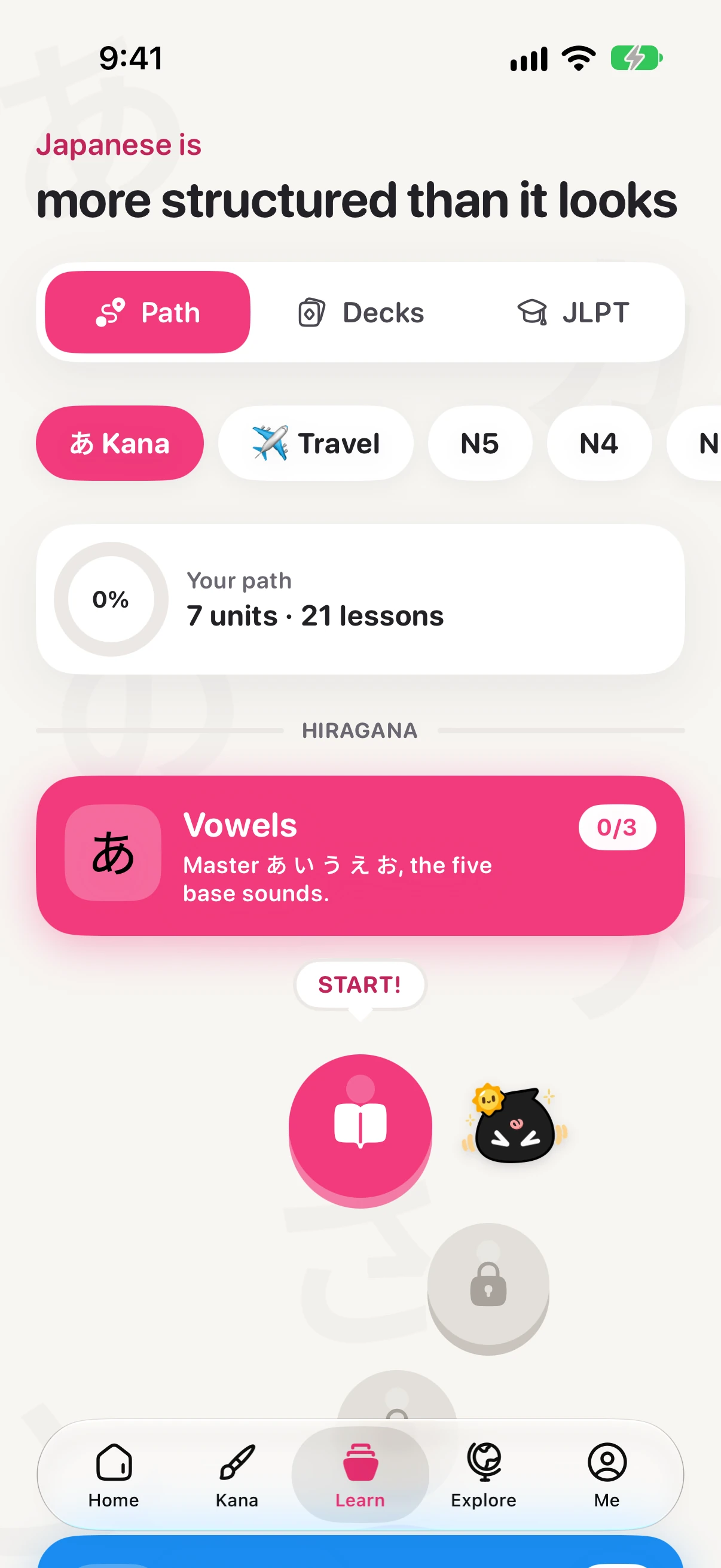 The kana path with the vowels unit and its first lesson
